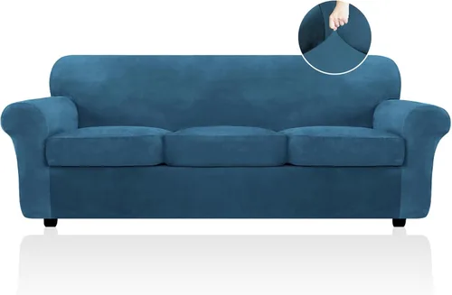 Vista 45 de FestiCorp Funda de sofá de terciopelo, fundas de sofá para sofás de 3 cojines, funda elástica de 4 piezas para sofá, fundas gruesas de muebles