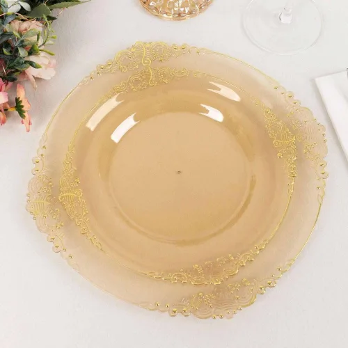 Vista 30 de Paquete de 10 platos redondos de plástico barroco dorado de 8 pulgadas para ensalada de postre, vajilla desechable con borde dorado en relieve