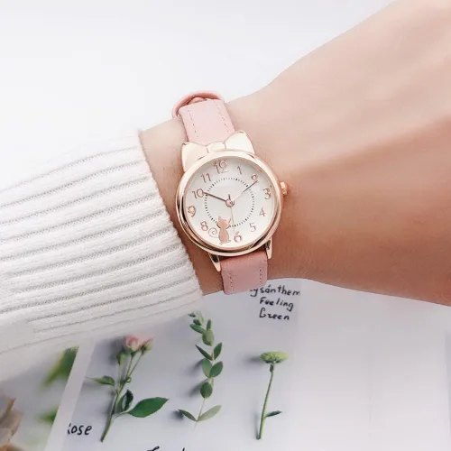 Vista 3 de PASNEW Reloj analógico clásico de cuarzo para niños, impermeable, con esfera de flores, correa de cuero
