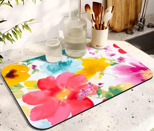 Vista 19 de Tapete de secado de platos para encimera de cocina, 20 x 12 pulgadas, lavable, almohadilla de secado rápido de platos, parte trasera de goma Flores