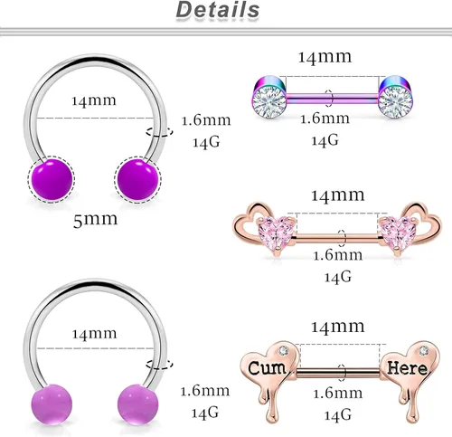 Vista 2 de Ocptiy Anillos morados para pezón para mujer, 14G, acero quirúrgico para pezón, barra de pezón, piercing para el cuerpo, joyería para mujer, Metal