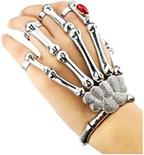 Vista 2 de Lingduan Anillo de pulsera de esqueleto de metal con dedos de calavera gótica para Halloween, moda para mujer, cadena de mano, aleación