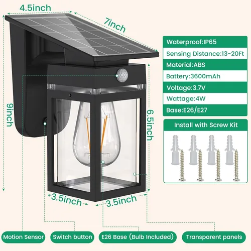 Vista 7 de Luces Solares de Porch al Aire Libre, del Anochecer al Amanecer y Luz de Pared con Sensor de Movimiento con Forma de Linterna, 3 Modos IP65