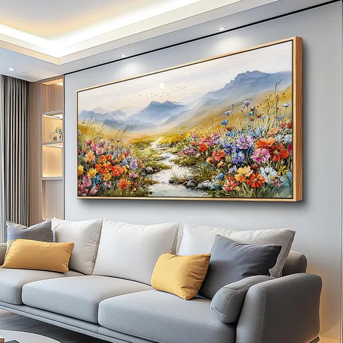 Vista 15 de XIGUANGART Arte de pared enmarcado de montaña, decoración de pared de montañas horizontales largas, pintura de pared de naturaleza de pinos