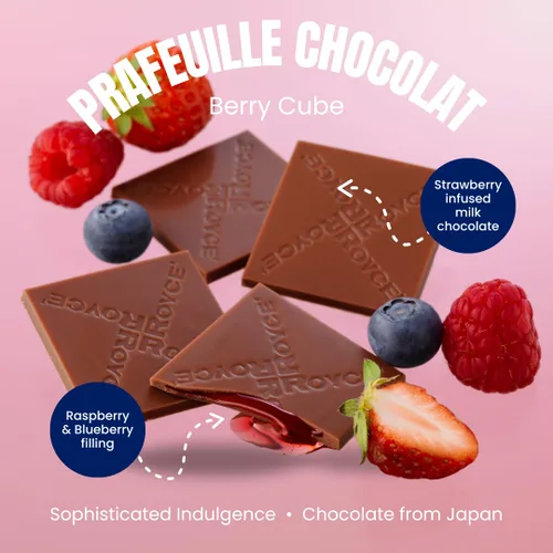 Vista 2 de ROYCE Prafeuille Chocolat "Berry Cube"- Surtido de chocolate con leche perfumado de fresa con relleno de salsa tarty Set de regalo de chocolate