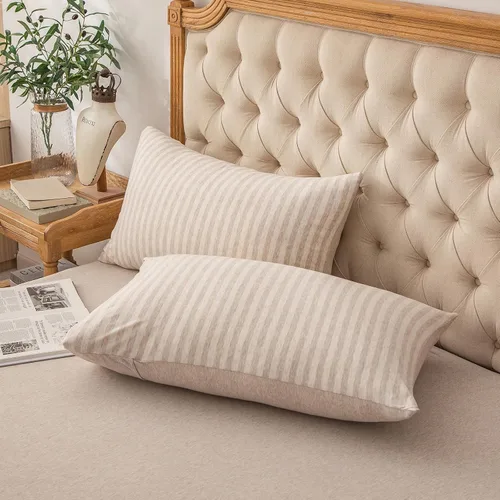 Vista 15 de PURE ERA Fundas de almohada de punto jersey 100% algodón tipo camiseta, súper suaves, cómodas, transpirables, juego de 2, estándar 20" x 26", rayas