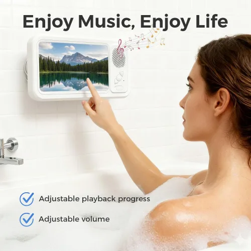 Vista 6 de Soporte para teléfono de ducha con altavoz Bluetooth inalámbrico, soporte impermeable para teléfono con altavoz, funda de teléfono de ducha