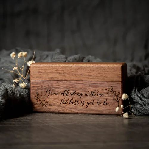 Vista 6 de MUUJEE Caja de doble anillo Caja de madera delgada grabada para boda, ceremonia de compromiso, propuesta de anillo caja para 2 anillos, ideas