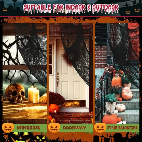 Vista 5 de Riare Paquete de 6 paños espeluznantes negros de Halloween de 30 x 75 pulgadas, tela espeluznante de gasa negra para fiesta de Halloween, casa