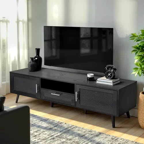 Vista 3 de Finnhomy Soporte de TV bohemio de 59 pulgadas para TV de hasta 70 pulgadas, consola de TV con 2 puertas decoradas de ratán hechas a mano, mesa de TV