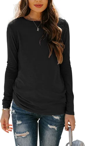Vista 2 de Kancystore Camisetas de manga larga para mujer, estilo casual, básicas, para otoño, con cuello redondo