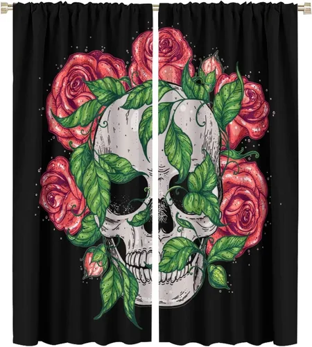 Vista 16 de Cortinas de cabeza de calavera, calavera blanca y rosas rojas con ramas y hojas negras, cortinas opacas decorativas para sala de estar, dormitorio