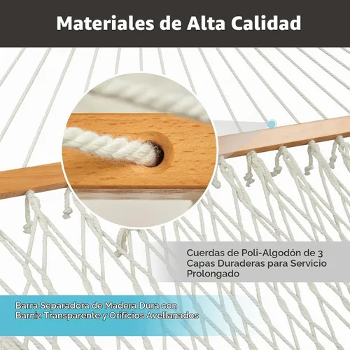 Vista 5 de CHULIM Hamaca doble para exteriores con barras de soporte de madera dura, gran hamaca de cuerda con almohada de poliéster y cojín, capacidad de 224