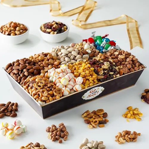 Vista 5 de Broadway Basketeers Cesta de regalo con texto en inglés "Thank You Nuts", surtido de 6 frutos secos gourmet variados, mezclas de frutos secos, caja