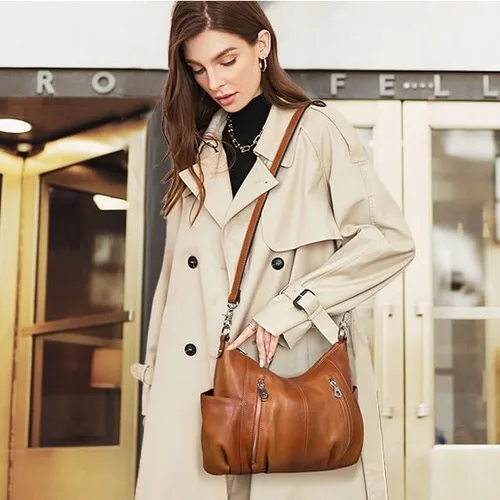 Vista 2 de HESHE Monederos de cuero genuino para mujer, bolso de hombro Hobo, bolso cruzado, bolsos de diseñador para damas