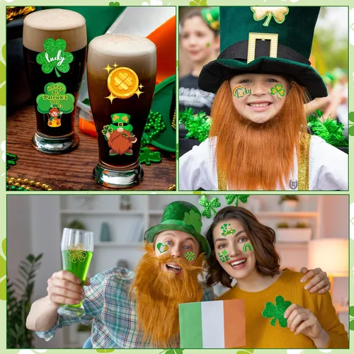 Vista 6 de HOWAF 96 tatuajes temporales del día de San Patricio, calcomanías de tatuaje de trébol con purpurina para decoraciones de fiesta irlandesa, tatuajes