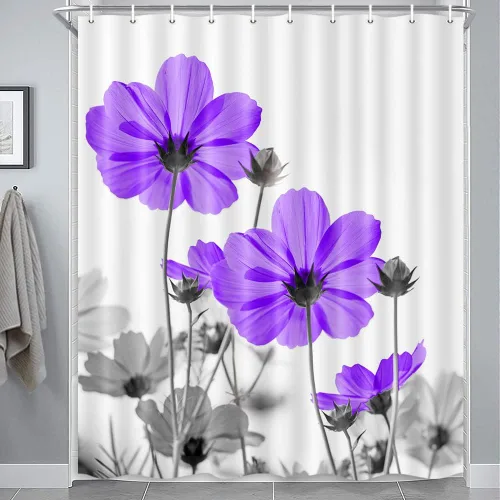 Vista 26 de MERCHR Cortina única floral azul para decoración de baño, cortina de ducha estilo granja con flores de margarita azul y gris elegantes y diseño