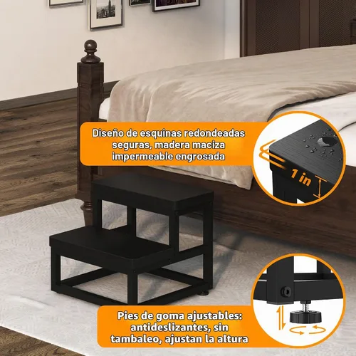 Vista 2 de Taburetes para adultos y niños, taburetes resistentes de madera para camas altas, taburete antideslizante de 2 escalones junto a la cama con Negro