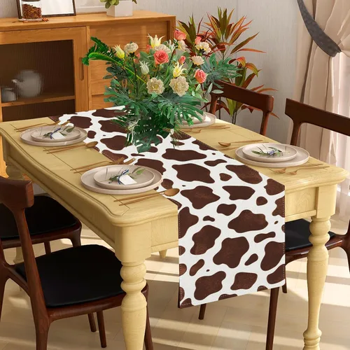 Vista 3 de Camino de mesa con estampado de vaca marrón, mantel con estampado de vaca para fiestas, granja, fiesta de cumpleaños, hogar, cocina, comedor