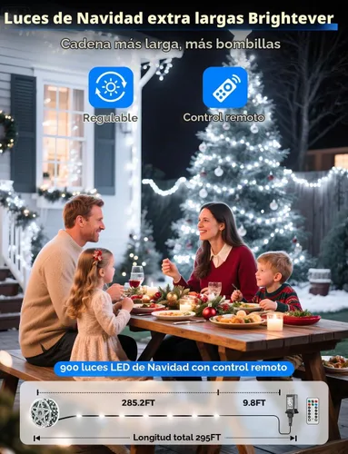 Vista 2 de Brightever Luces LED de Navidad para Exteriores, 295 Pies 900 Luces LED para Árbol de Navidad y Cerca con Control Remoto - 8 Modos de Iluminación