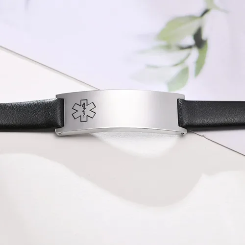 Vista 26 de MPRAINBOW Pulsera de alerta médica personalizada para mujer, correa de reloj de cuero genuino, grabado de doble cara, diabetes, epilepsia, joyería