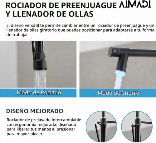 Vista 3 de AIMADI Grifo de cocina negro con rociador extraíble, acero inoxidable Negro y níquel