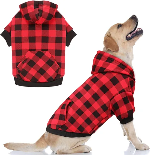 Vista 7 de Suéter para perro, ropa para mascotas a cuadros de búfalo rojo, cálido y suave, transpirable, acogedor con capucha para mascotas pequeñas, suéteres
