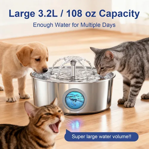 Vista 6 de LucidShine Fuente de agua para gatos de acero inoxidable de 108 oz/3.2L con 12 filtros (hasta 1 año de suministro), fuente de agua para perros
