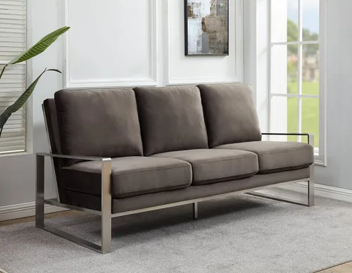 Vista 8 de LeisureMod Jefferson - Sofá moderno de terciopelo de 3 plazas con marco plateado, contemporáneo, para sala de estar, color beige