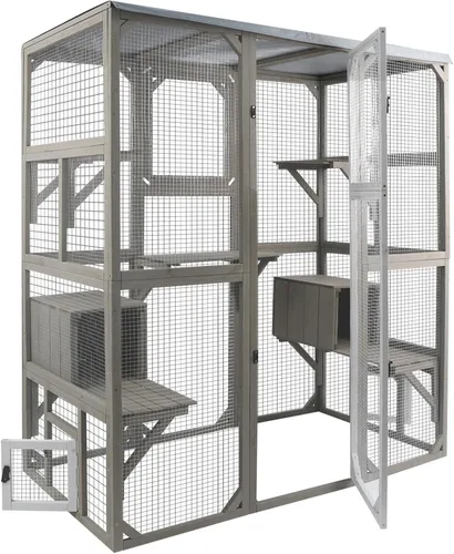 Vista 11 de Gran recinto para gatos Catio para exteriores, patio para gatos con 4 niveles, hamaca para condominio y postes rascadores, techo plano de madera