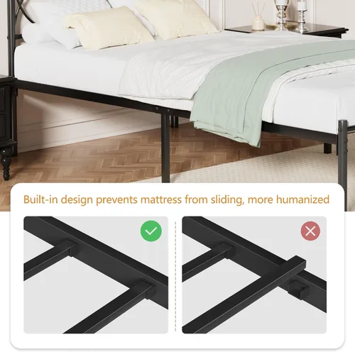 Vista 6 de VECELO Base de cama de plataforma de metal tamaño individual con cabecera y estribo, base de colchón de soporte de listones resistentes, no necesita