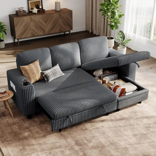 Vista 35 de LINSY HOME Sofá cama modular extraíble para sala de estar (beige, sofá cama 1) Sofá cama extraíble, almacenamiento, carga USB, portavasos, pana