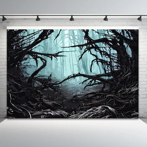 Vista 13 de Misty Forest Backdrop Halloween Eve Dark Blue Fog Fall Autumn Maple Leaves Woods Background for Thanksgiving Party Photography Studio Photo Booth