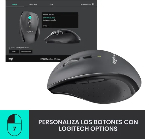 Vista 4 de Ratón inalámbrico Logitech M705 Marathon, ratón inalámbrico para juegos, receptor USB-A de 2.4 GHz, 5 botones programables, batería de 3 años, PC