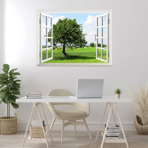 Vista 10 de wall26 Adhesivo decorativo para pared, loros verdes sentados en la rama afuera, ventana abierta, no se pega ni se pega, papel tapiz no tejido