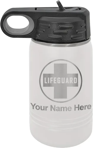 Vista 11 de LaserGram Botella de agua personalizada, salvavidas, acero inoxidable de doble pared aislada al vacío con popote superior, regalo grabado Negro