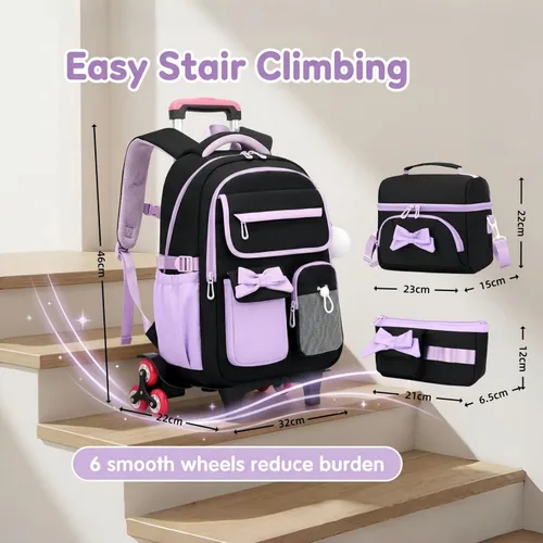 Vista 2 de Mochila con ruedas para niñas, mochila con ruedas para escuela primaria, bolsa de libros con ruedas con 6 ruedas, 3 ruedas negras y azules-6