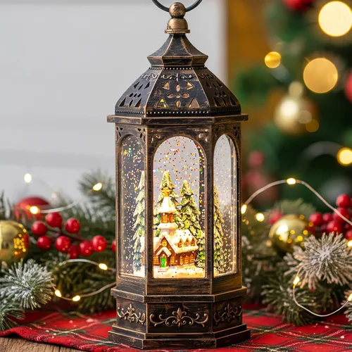 Vista 29 de Globo de nieve navideño con agua brillante, escena de cardenal con música y temporizador, linterna iluminada con USB/operada por batería