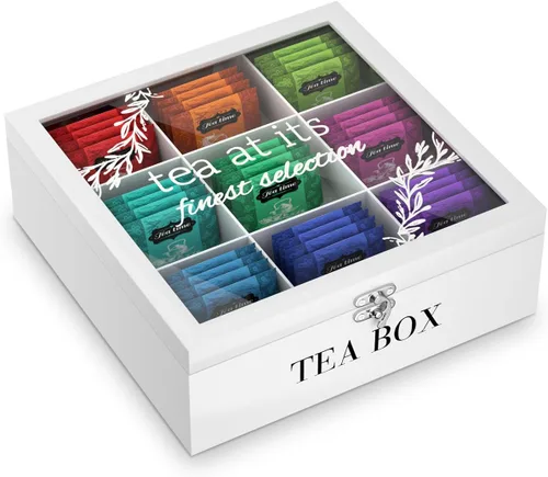 Vista 8 de Organizador de té de bambú, almacenamiento de té rústico con 9 ranuras Farmhouse Tea Bag Holder Organizer with Clear Lid,Tea Organizers and