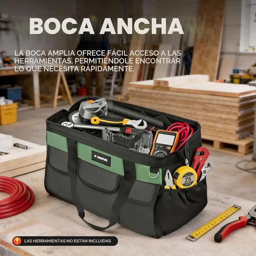 Vista 2 de Kingfun Bolsa de herramientas resistente de 16 pulgadas con 14 bolsillos, organizador de bolsa de herramientas de boca ancha con correa de hombro