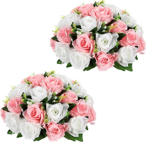 Vista 10 de Briful Bolas de flores artificiales para centros de mesa, 2 piezas de 8.6 pulgadas, arreglo floral de rosas de seda con base de plástico, ramo Azul