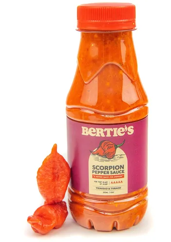 Vista 12 de Bertie's Salsa de pimienta original (10 onzas/10.1 fl oz), gran sabor y calor, hecha con pimientos amarillos frescos de Trinidad Moruga Red y Scotch