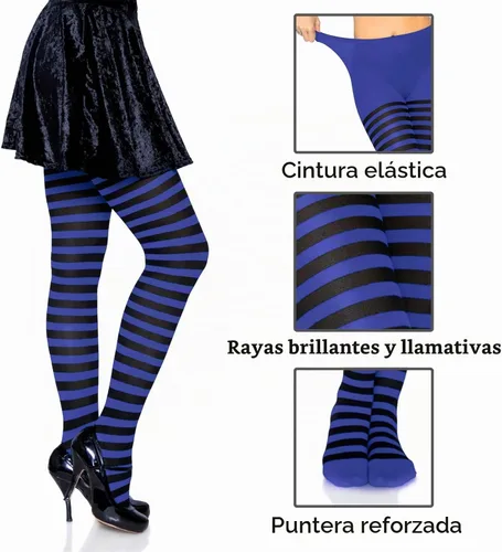 Vista 3 de Leg Avenue - Mallas de nailon a rayas para mujer Negro/Azul