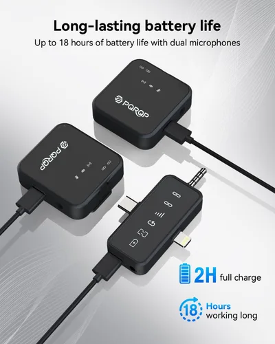 Vista 4 de PQRQP, micrófono 3 en 1 para iPhone/Android/cámara, inalámbrico, transmisión de 328 pies, duración de la batería de 18 horas, mini micrófono