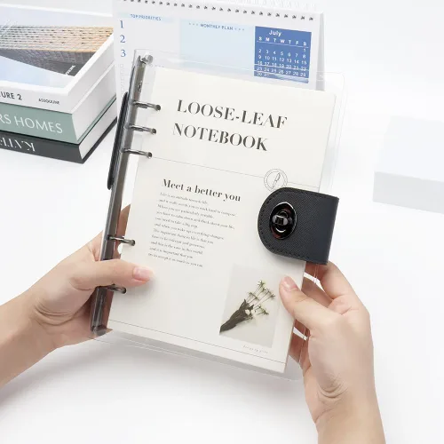 Vista 6 de Carpeta de cuaderno rellenable transparente A5 con 90 hojas de papel rayado en negro, cubierta protectora de PVC transparente suave con 6 anillas