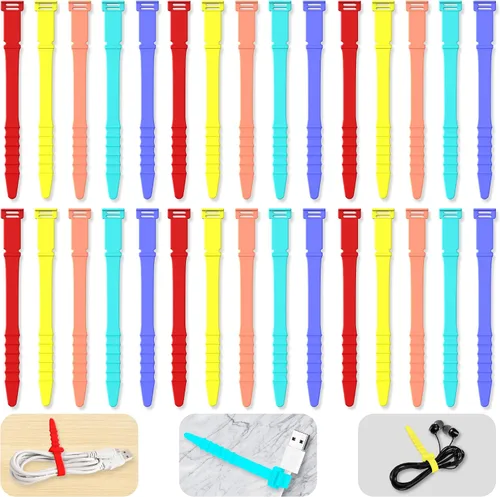 Vista 13 de Bridas de silicona reutilizables de 7 pulgadas, 20 correas de goma para gestión de cables, organizador de cables elásticos para el hogar, oficina