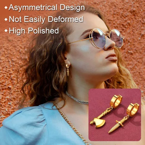 Vista 2 de FaithHeart Aretes de aro Huggie para mujer, acero inoxidable, chapado en oro de 18 quilates, aretes colgantes de gota de AnkhCrossCandkBocina