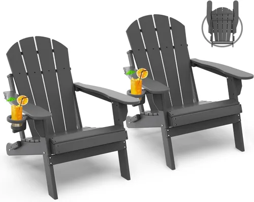 Vista 17 de GREENVINES Silla Plegable Adirondack Plástico HDPE Sillas para Fogata Todo Tiempo Portavasos Ártico para Terraza Patio Trasero Patio