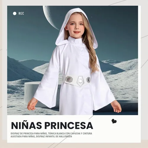 Vista 4 de Disfraz de princesa para niñas, túnica blanca con capucha, traje de Halloween