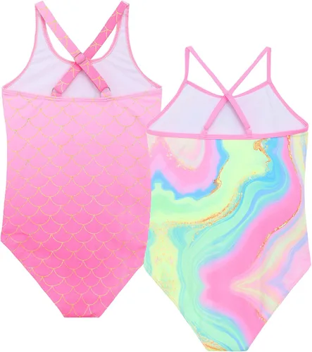 Vista 2 de Akokvlar Traje de baño de unicornio de una pieza de sirena para niñas pequeñas, conjunto de dos